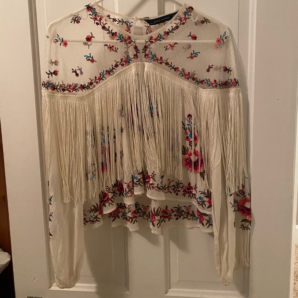 Zara Embroidered Fringe Top